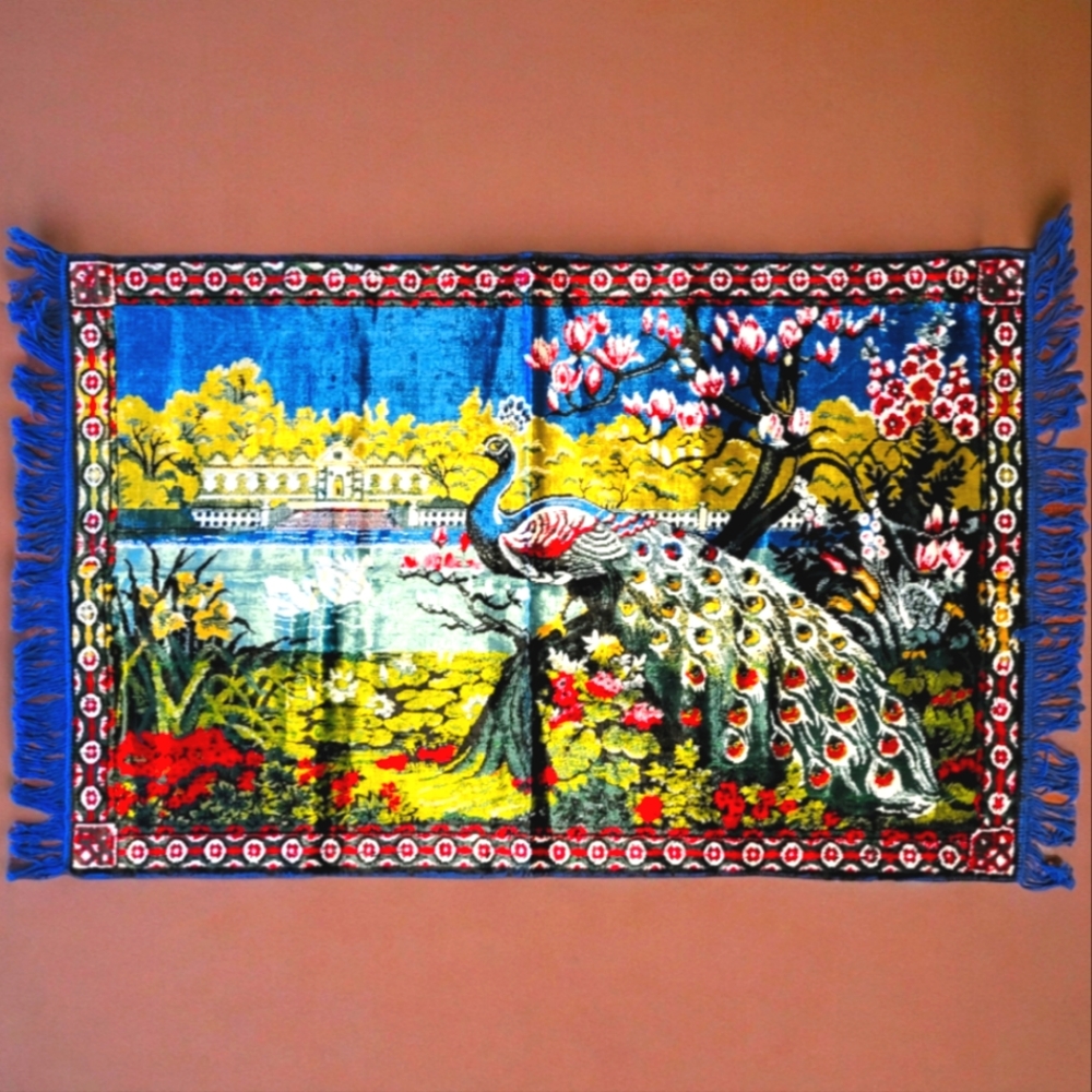 Vintage Peacock Tapestry  Velveteen, Swan brand, made in China in 60th